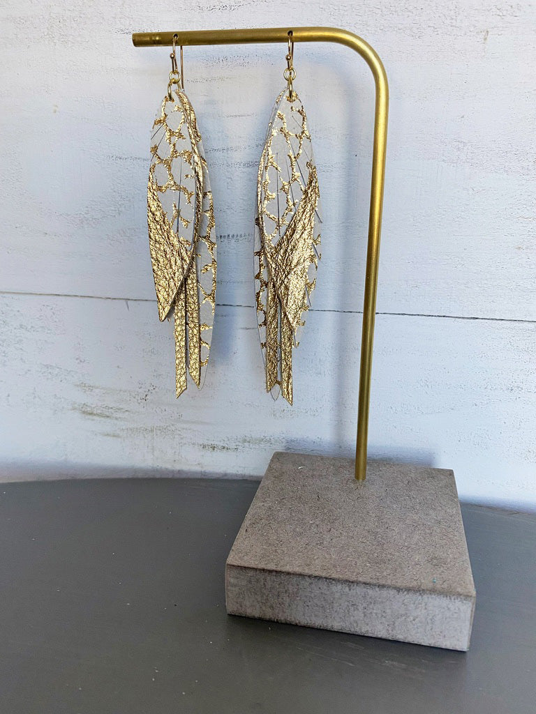 Layered Feather with Tassel Earrings - Dino White/Pebbled Gold-Layered Leather Earrings-Wholesale-Boutique-Clothing-Accessories