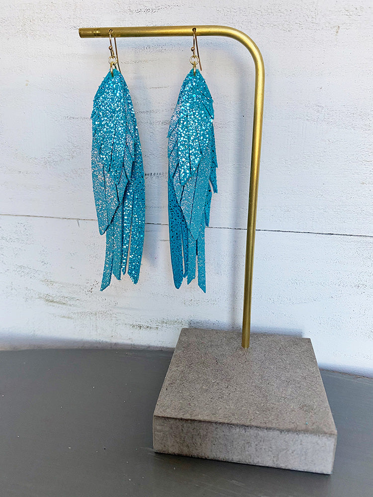 Layered Feather with Tassel - Turquoise Stingray Dazzle-Layered Leather Earrings-Wholesale-Boutique-Clothing-Accessories