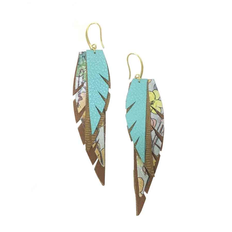 Layered Leather Earring - Turquoise/Tan Floral-Layered Feather + Dipped Earrings-Wholesale-Boutique-Clothing-Accessories