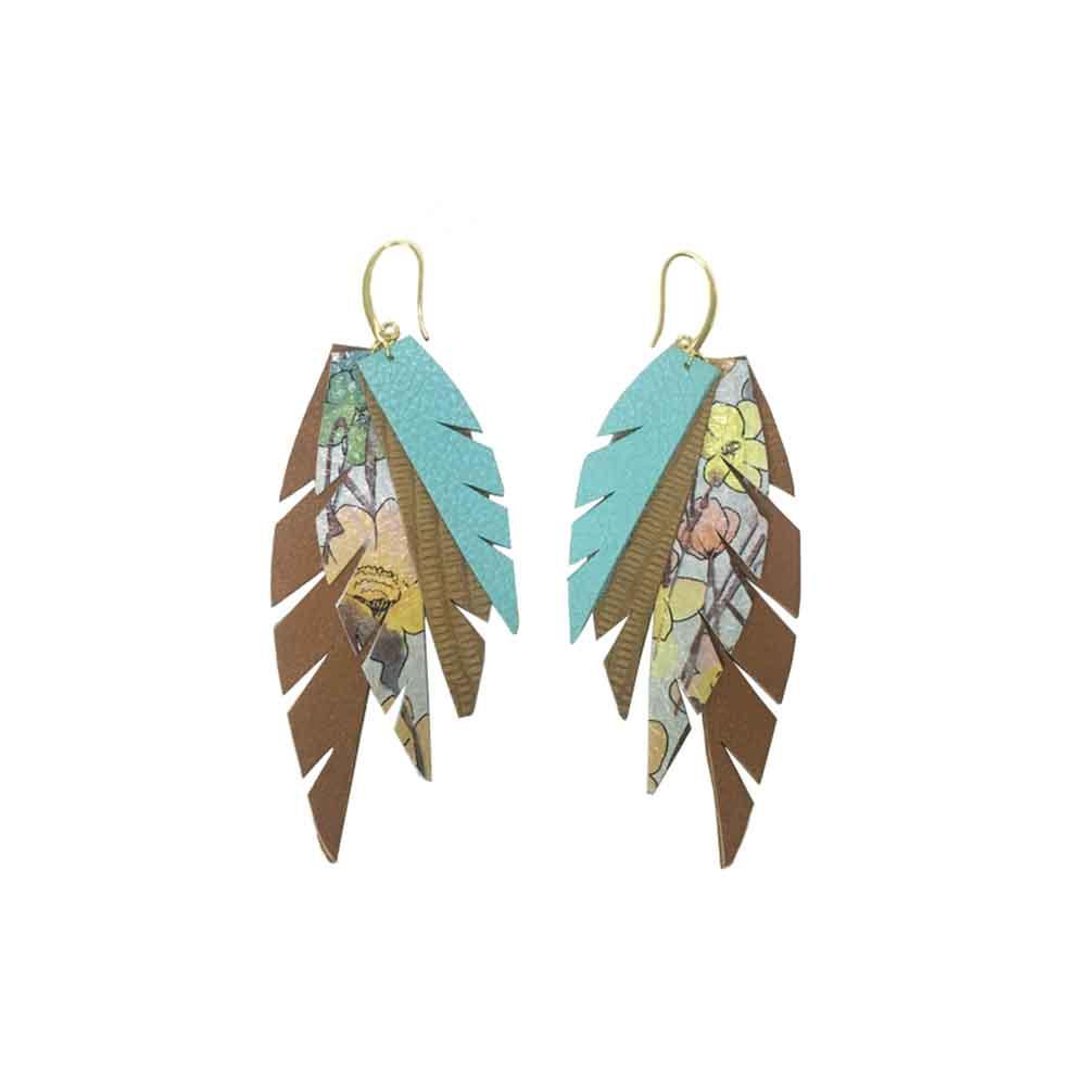Layered Leather Earring - Turquoise/Tan Floral-Layered Feather + Dipped Earrings-Wholesale-Boutique-Clothing-Accessories