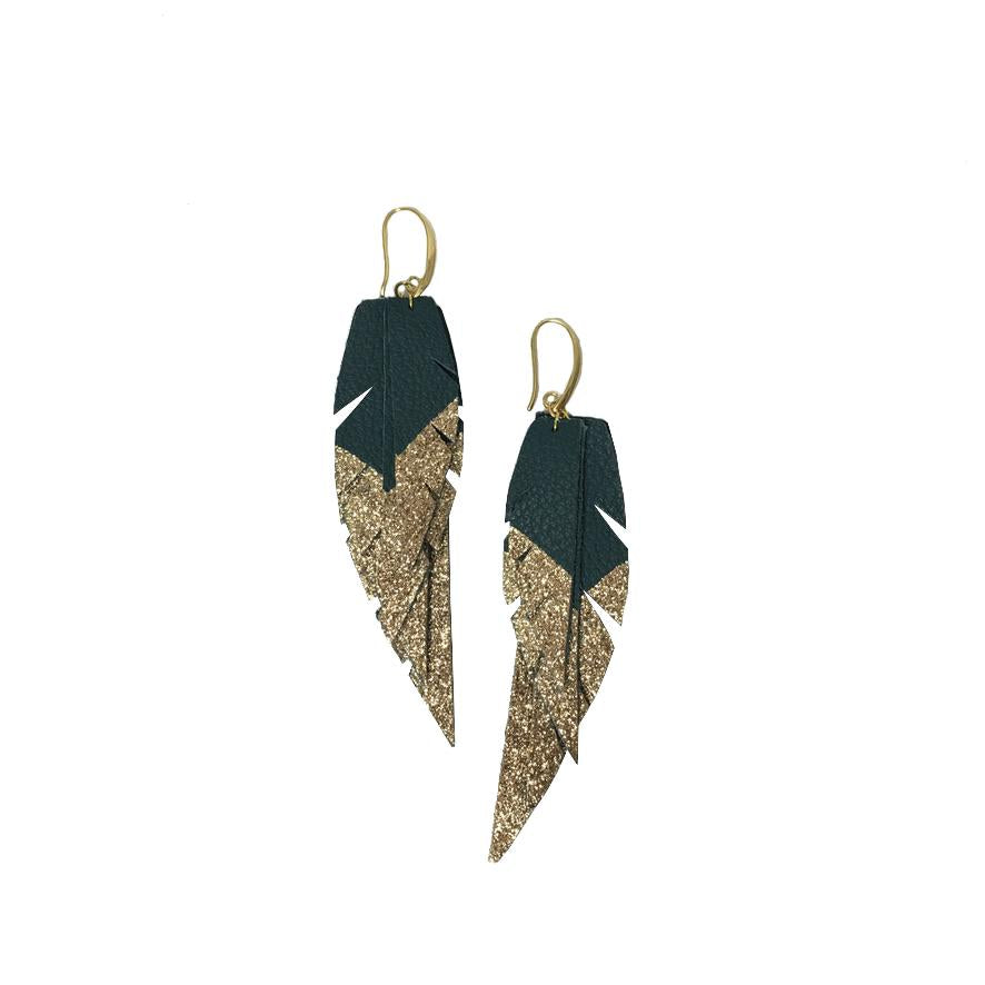 Layered Leather Earring - Green/Gold Dipped-Layered Feather + Dipped Earrings-Wholesale-Boutique-Clothing-Accessories