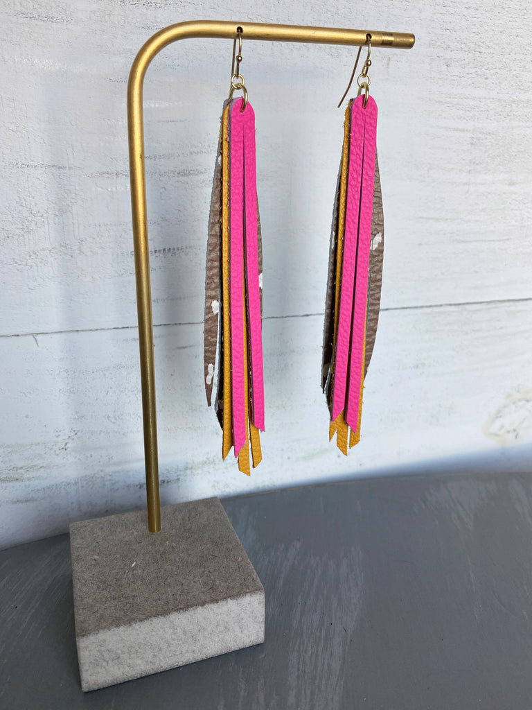 Layered Leather Tassel Earrings - Deer Mustard Hot Pink-Layered Leather Earrings-Wholesale-Boutique-Clothing-Accessories