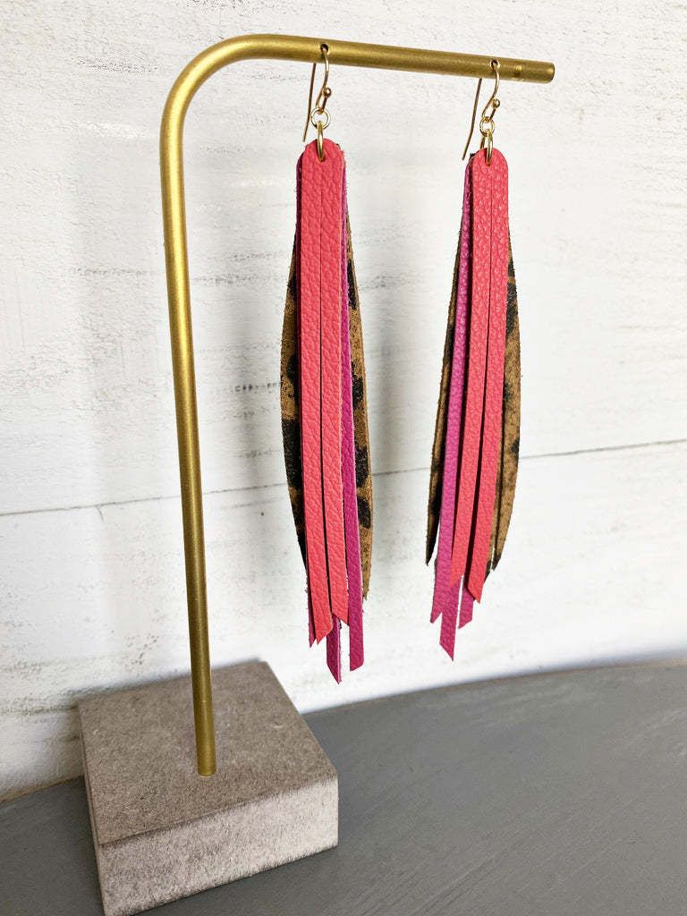 Layered Leather Tassel Earrings - Leopard Pink Coral-Layered Leather Earrings-Wholesale-Boutique-Clothing-Accessories