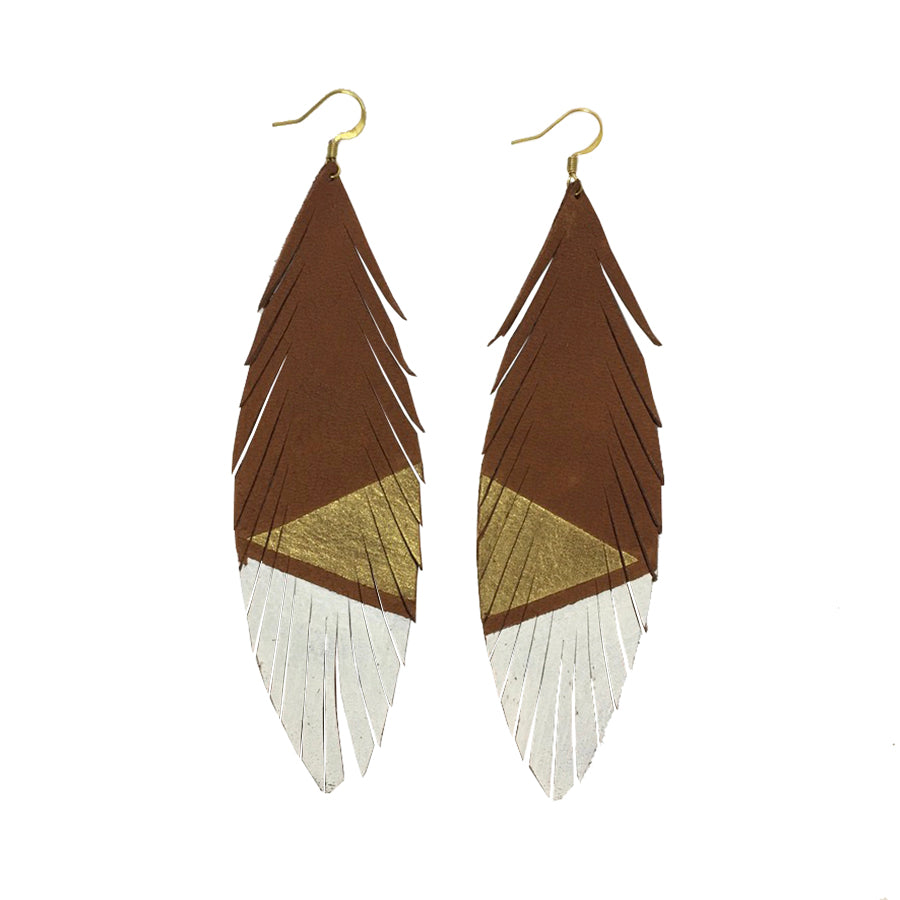 Feather Deerskin Leather Earrings - Gold White-Deerskin Leather Earrings-Wholesale-Boutique-Clothing-Accessories