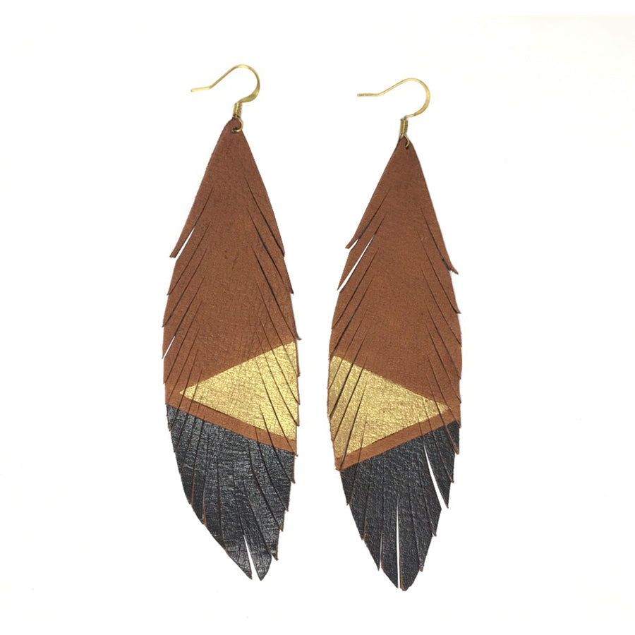 Feather Deerskin Leather Earrings - Gold Black-Deerskin Leather Earrings-Wholesale-Boutique-Clothing-Accessories