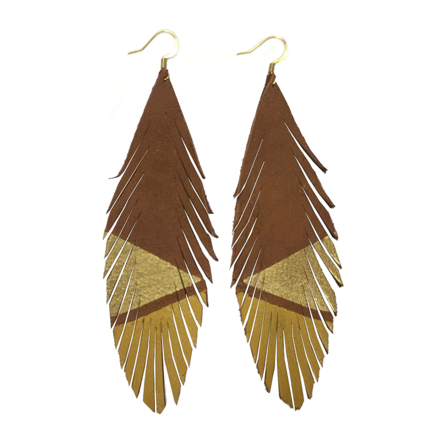 Feather Deerskin Leather Earrings - Gold Mustard-Deerskin Leather Earrings-Wholesale-Boutique-Clothing-Accessories
