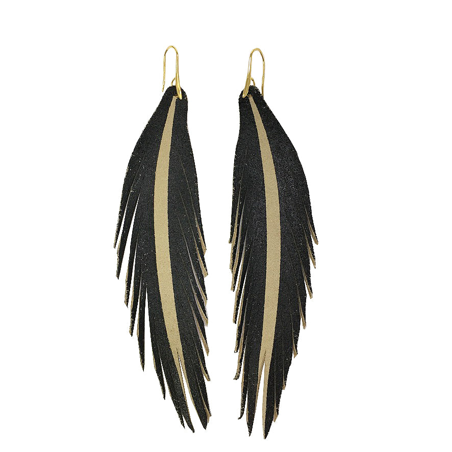 Long Feather Leather Earring - Black Painted-Long Feather Leather Earrings-Wholesale-Boutique-Clothing-Accessories