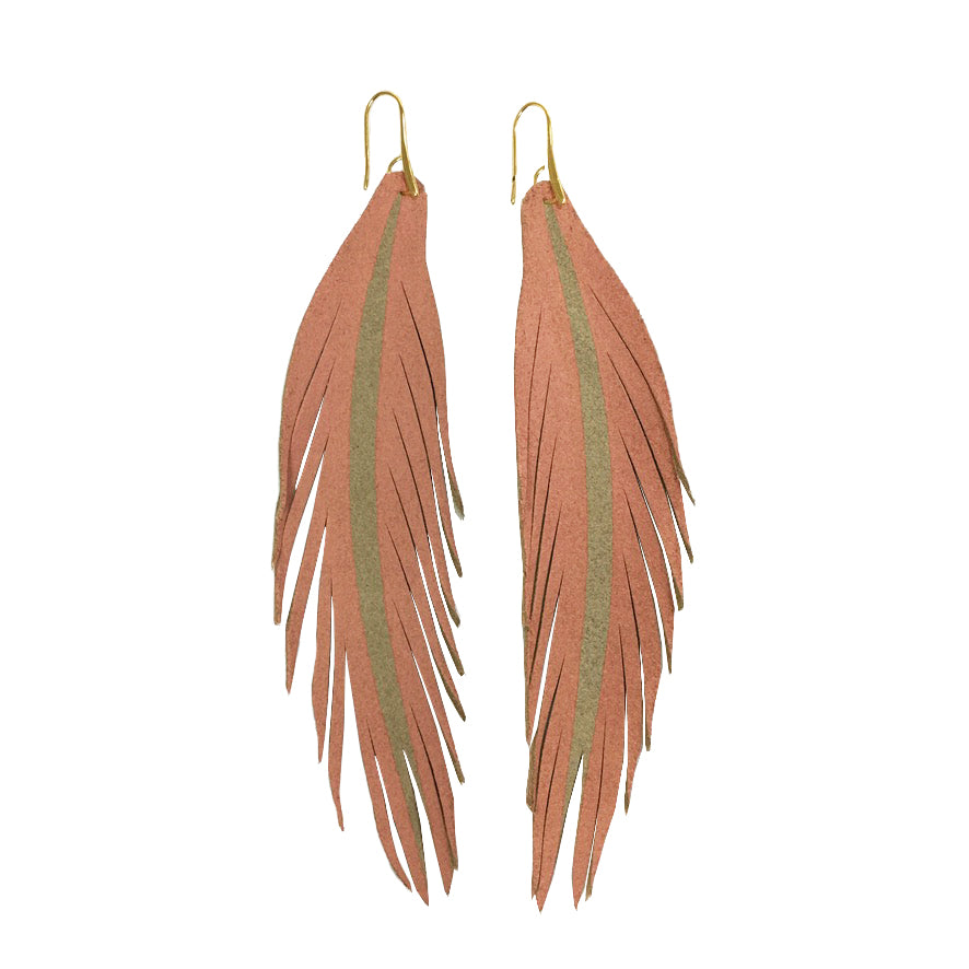 Long Feather Leather Earring - Peach Painted-Long Feather Leather Earrings-Wholesale-Boutique-Clothing-Accessories