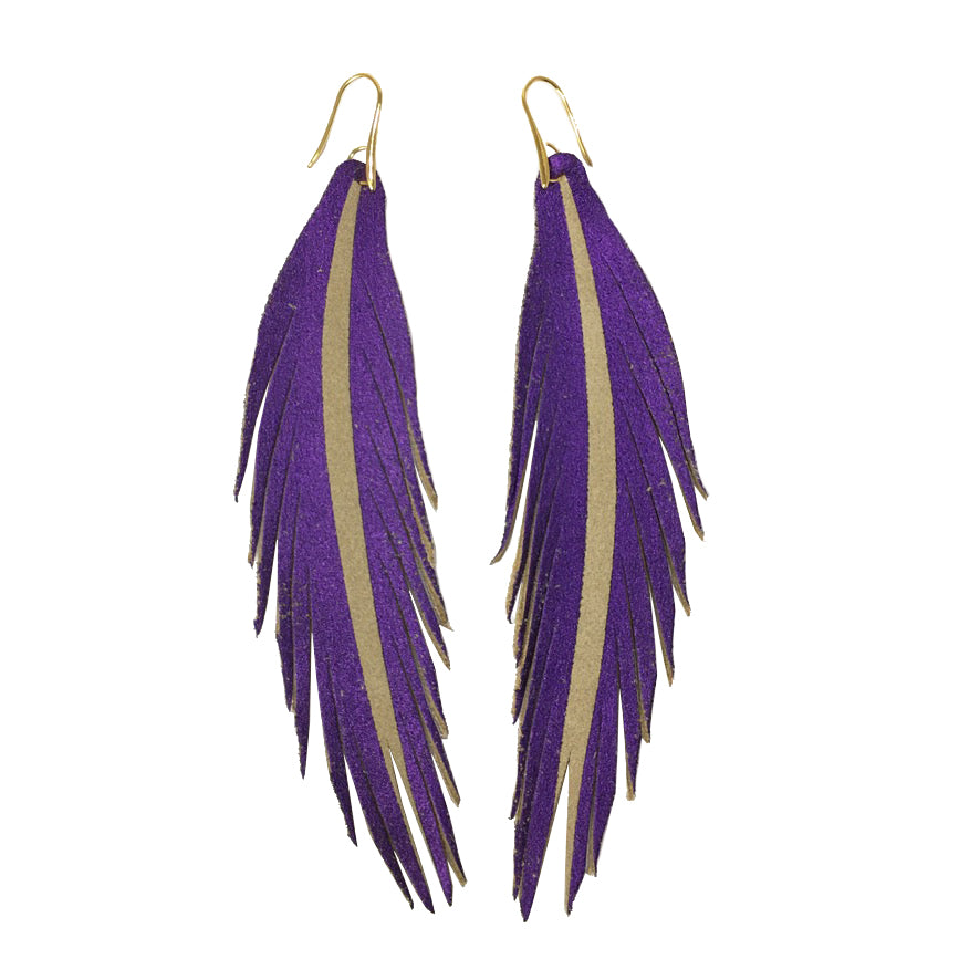 Long Feather Leather Earring - Purple Painted-Long Feather Leather Earrings-Wholesale-Boutique-Clothing-Accessories