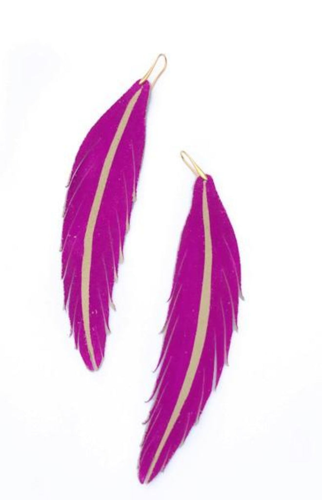 Long Feather Leather Earring - Magenta Painted-Long Feather Leather Earrings-Wholesale-Boutique-Clothing-Accessories