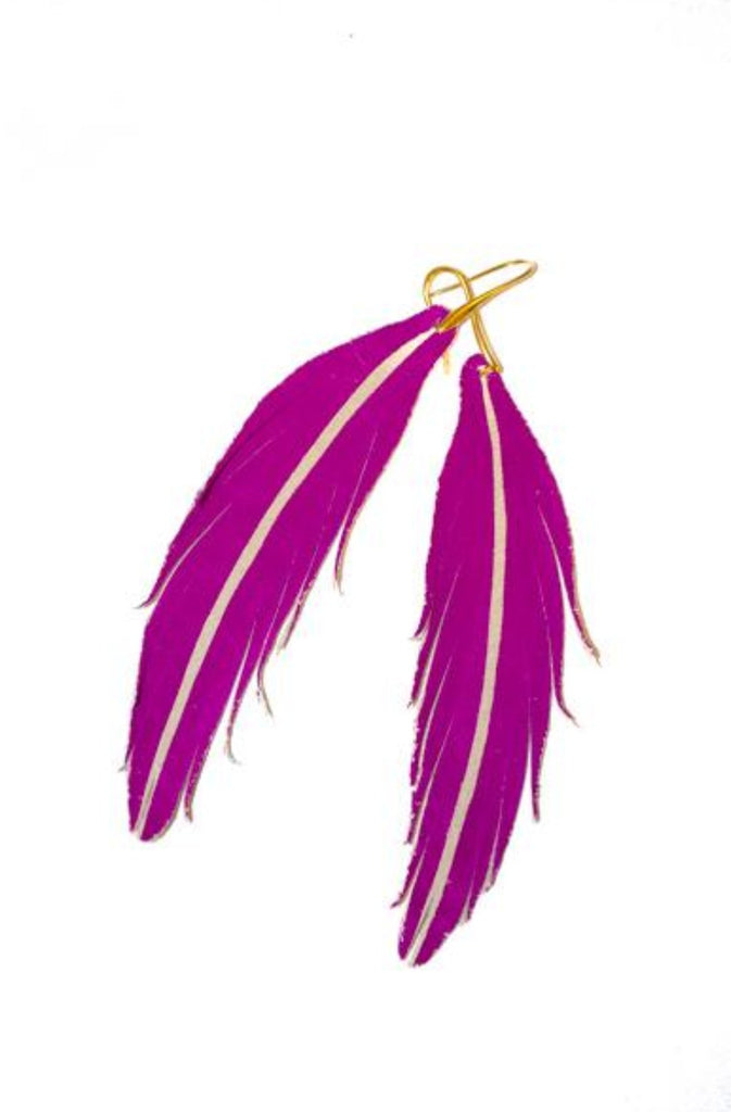 Short Feather Leather Earring - Magenta Painted-Short Feather Leather Earrings-Wholesale-Boutique-Clothing-Accessories