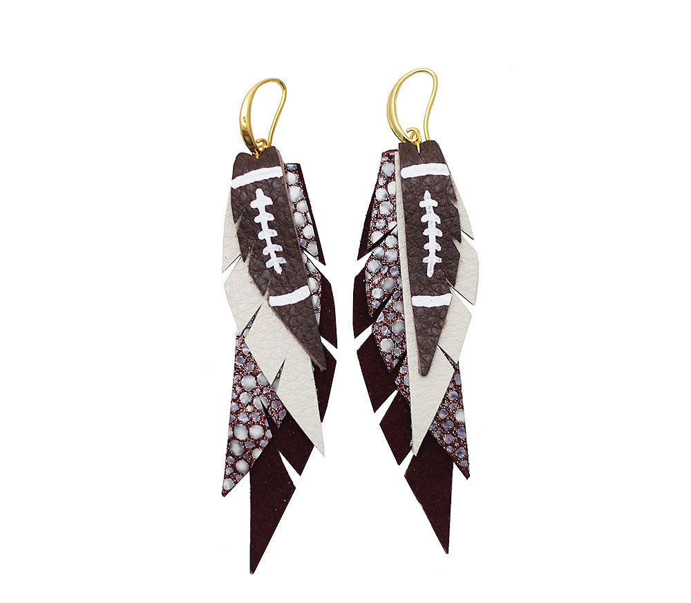 Layered Leather Football Earring- Maroon and White-Layered Feather + Dipped Earrings-Wholesale-Boutique-Clothing-Accessories
