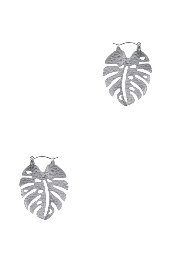 Monstera Leaf Metal Hoop Earrings - Satin Silver-Earrings-Wholesale-Boutique-Clothing-Accessories