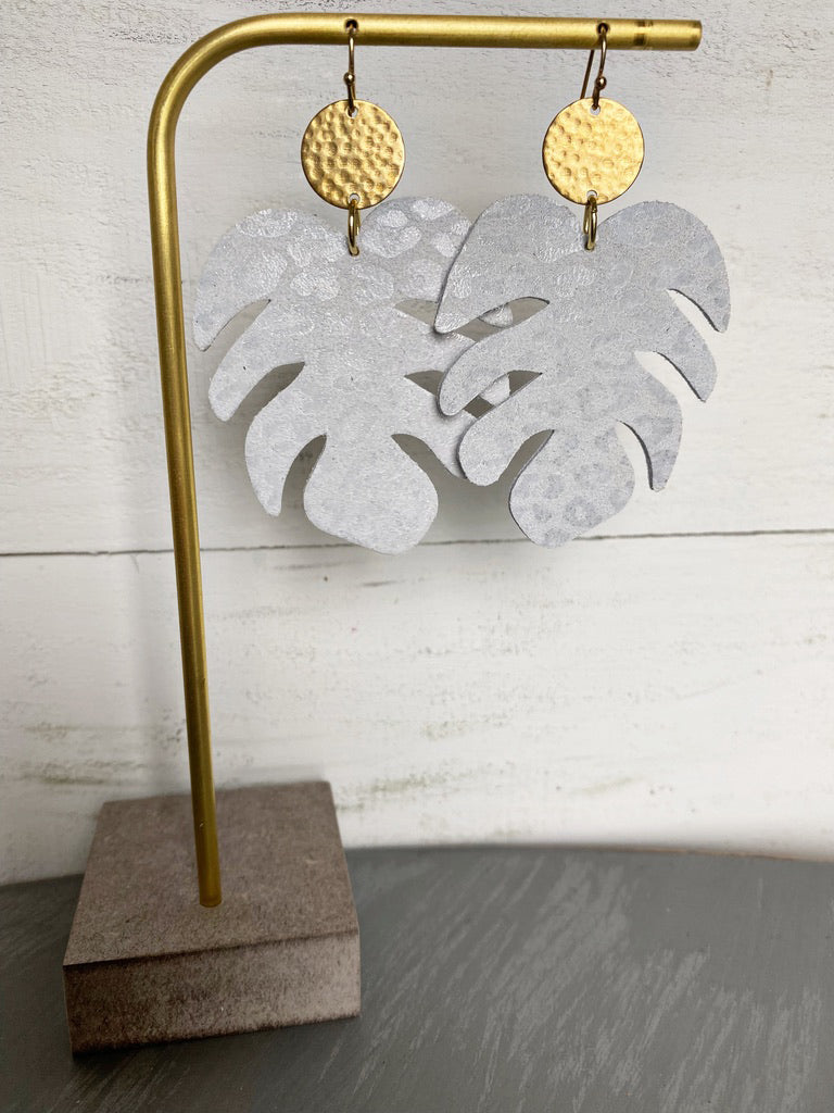 Monstera Leaf Leather Earrings - White Leopard-Single Layer Leather Earrings-Wholesale-Boutique-Clothing-Accessories