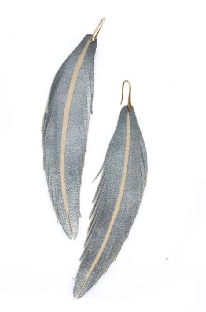 Long Feather Leather Earring - Pewter Painted-Long Feather Leather Earrings-Wholesale-Boutique-Clothing-Accessories