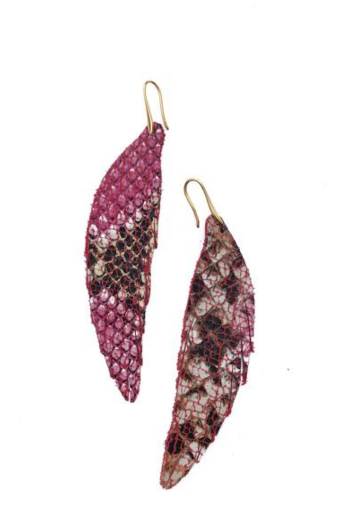 Short Feather Leather Earring - Pink Snake-Short Feather Leather Earrings-Wholesale-Boutique-Clothing-Accessories