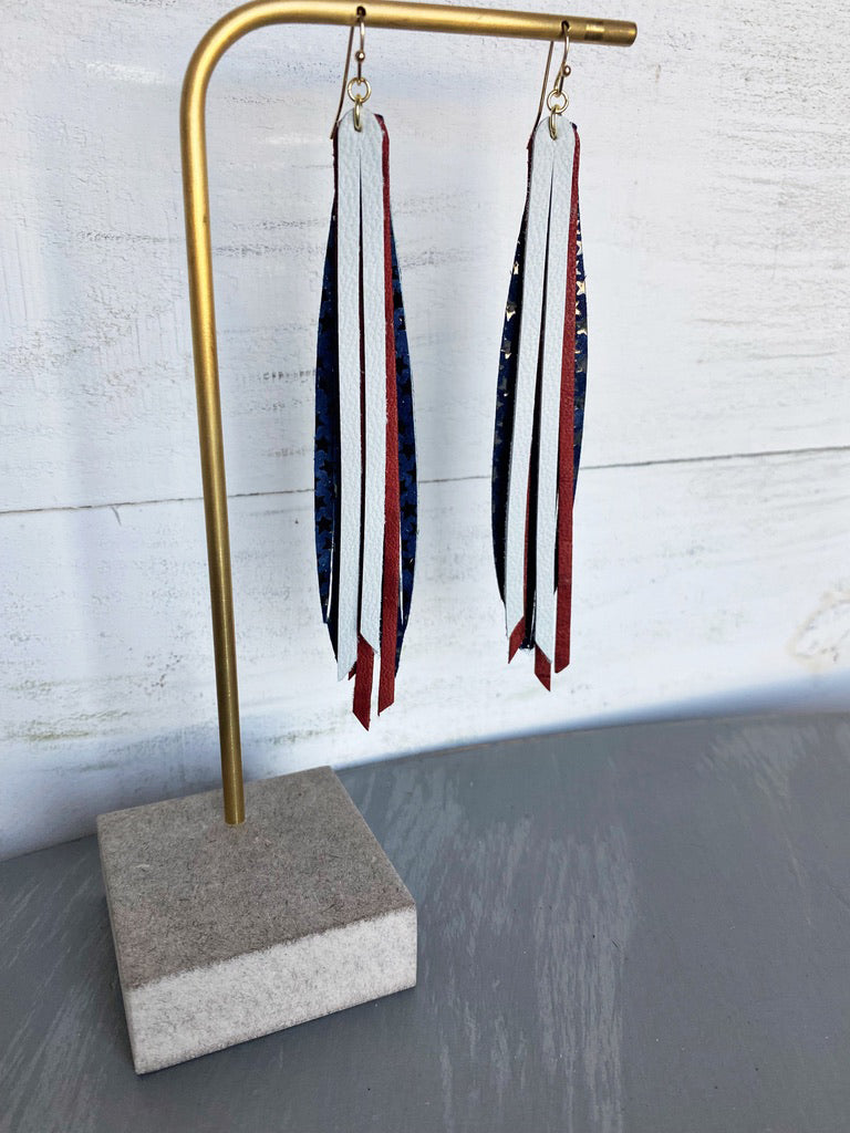 Layered Leather Tassel Earrings - Red White Blue Stars-Layered Leather Earrings-Wholesale-Boutique-Clothing-Accessories