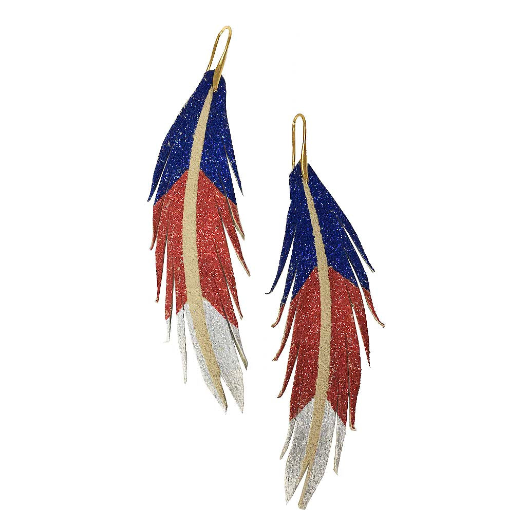 Red White and Blue Short Feather Leather Earring - Chevron Sparkle-Short Feather Leather Earrings-Wholesale-Boutique-Clothing-Accessories