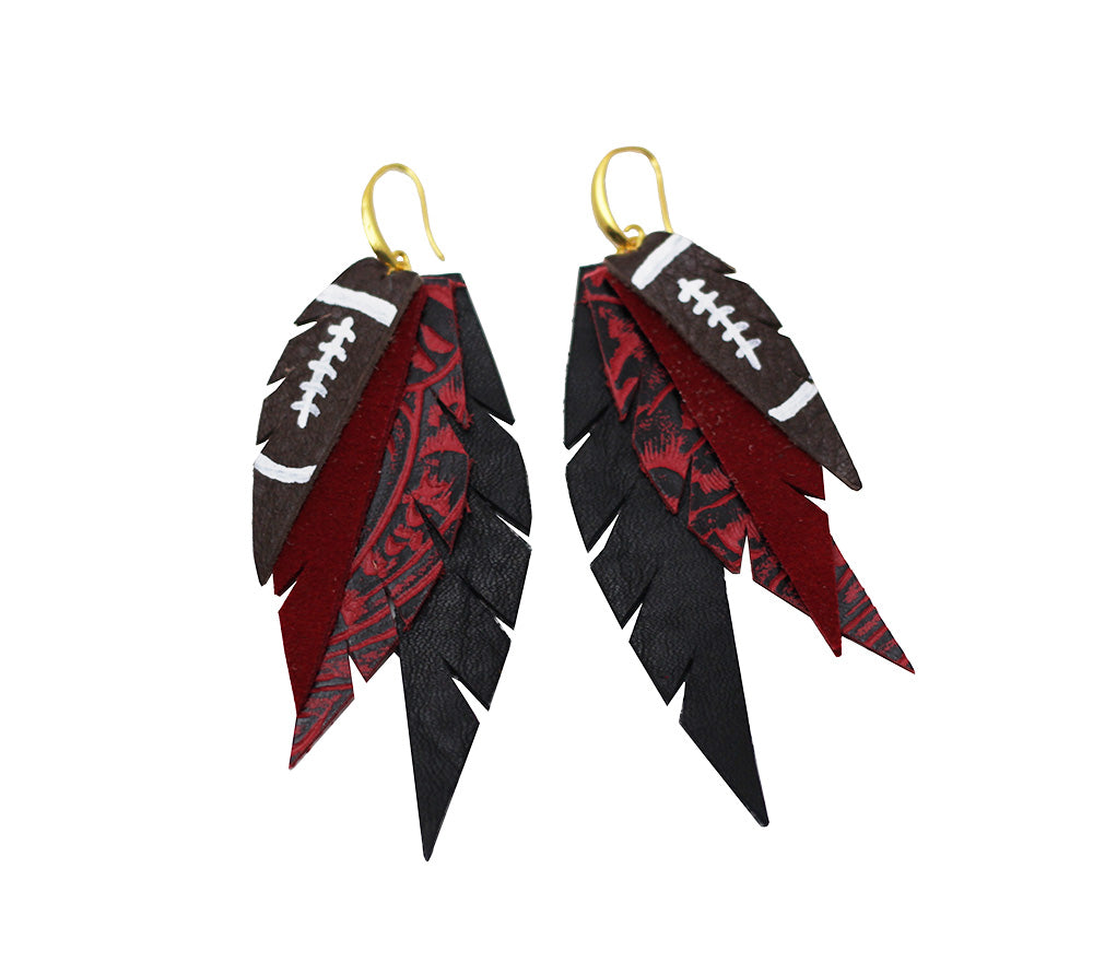Layered Leather Football Earring- Red Black-Layered Feather + Dipped Earrings-Wholesale-Boutique-Clothing-Accessories