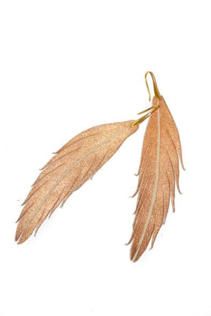 Short Feather Leather Earring - Rose Gold Painted-Short Feather Leather Earrings-Wholesale-Boutique-Clothing-Accessories