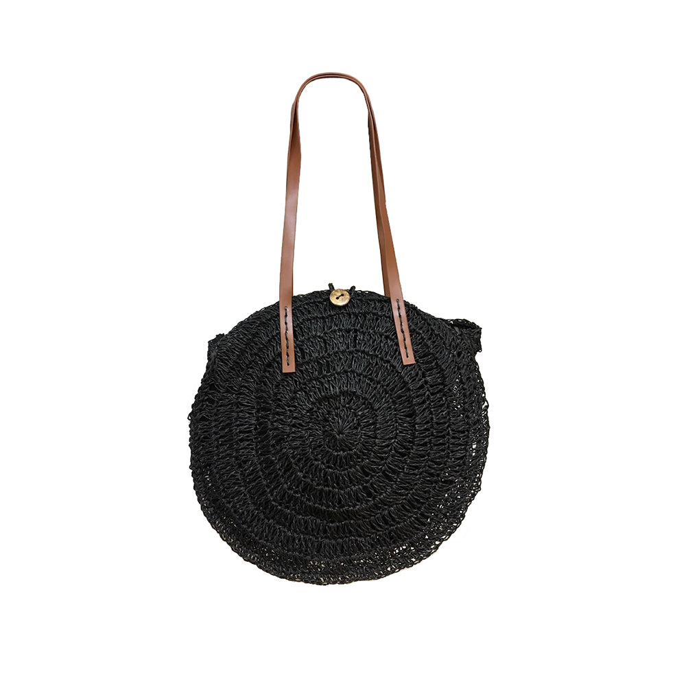 Round Straw Bag - Black-Tote Bags-Wholesale-Boutique-Clothing-Accessories