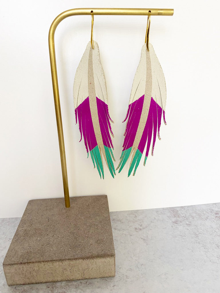 Short Feather Chevron Leather Earrings - White Fuchsia South Beach-Short Feather Leather Earrings-Wholesale-Boutique-Clothing-Accessories