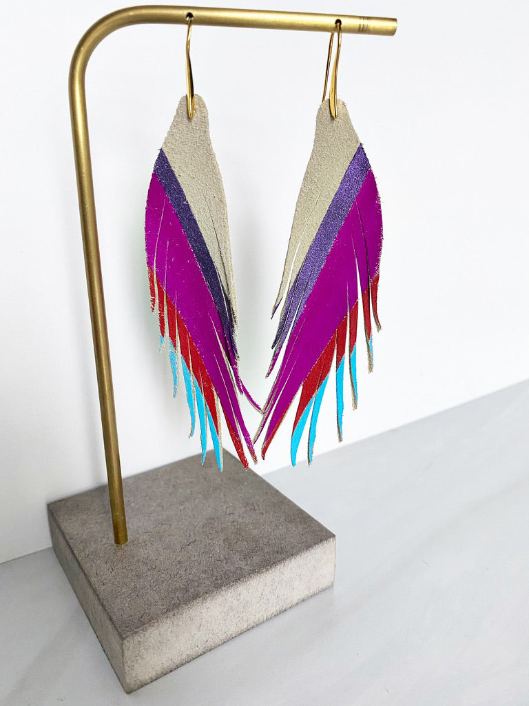 Short Feather Diagonal Stripe Leather Earrings - Blue Red Fuchsia Purple-Short Feather Leather Earrings-Wholesale-Boutique-Clothing-Accessories