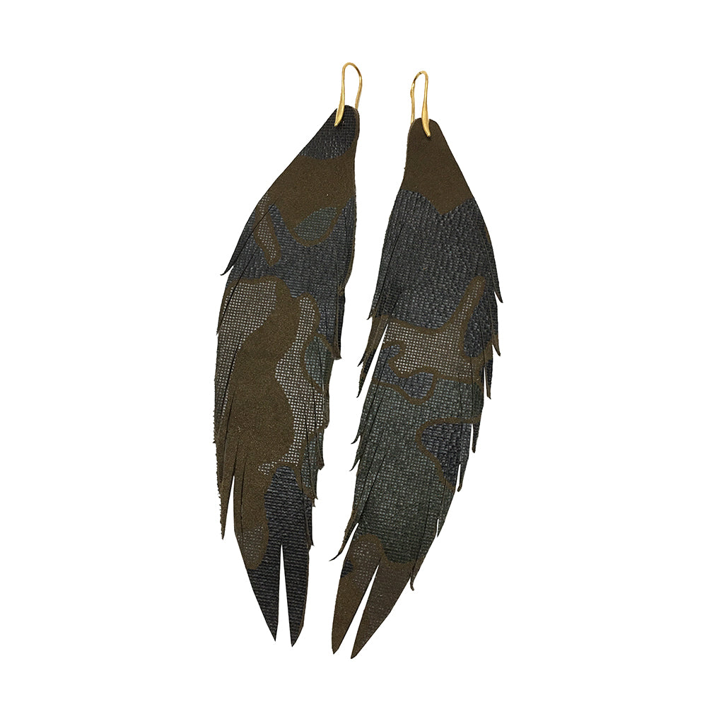 Short Feather Leather Earring - Camo Brown-Short Feather Leather Earrings-Wholesale-Boutique-Clothing-Accessories