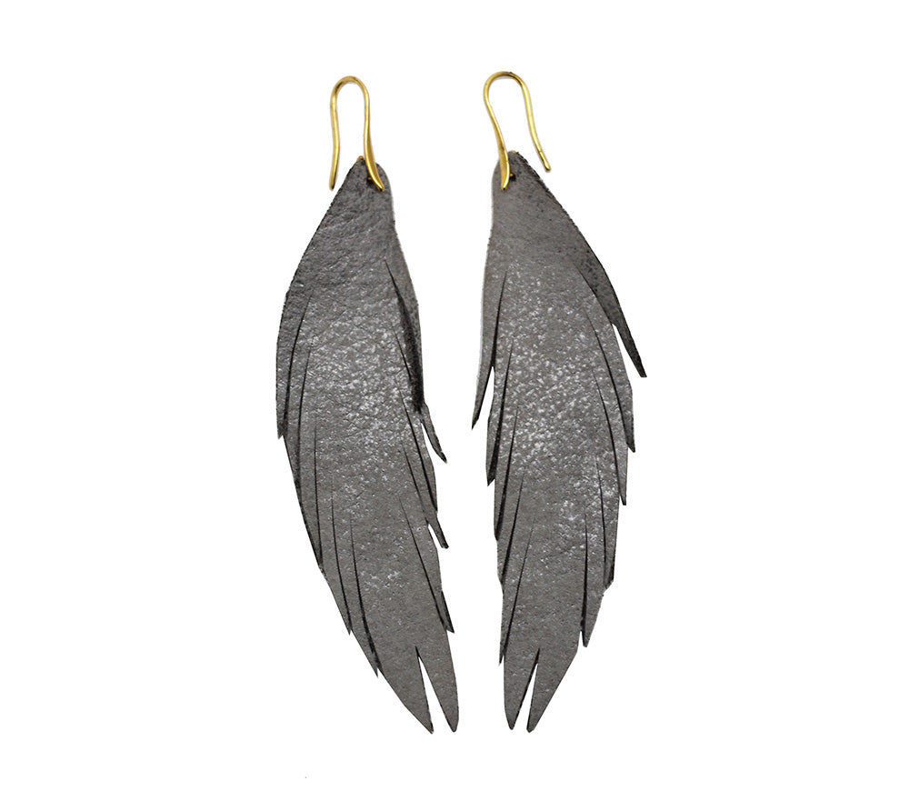 Long Feather Leather Earring - Gray Metallic-Long Feather Leather Earrings-Wholesale-Boutique-Clothing-Accessories