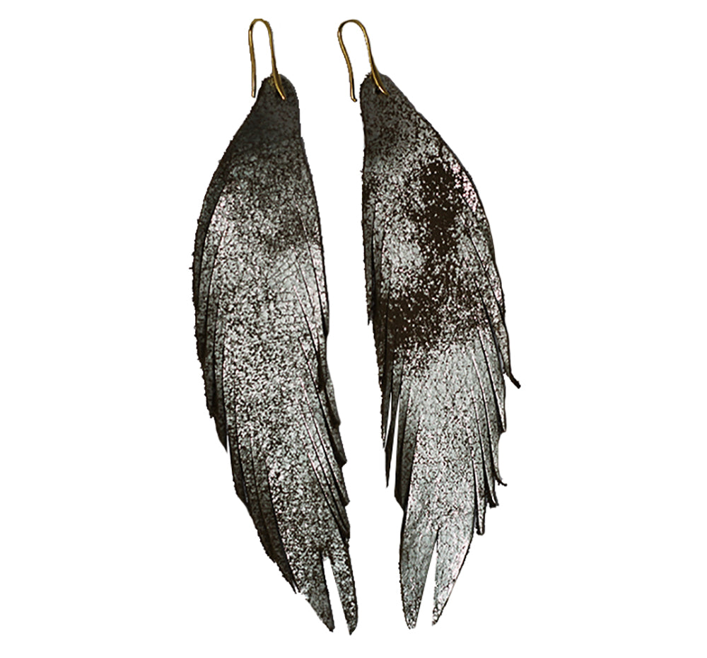 Long Feather Leather Earring - Gold Metallic-Long Feather Leather Earrings-Wholesale-Boutique-Clothing-Accessories