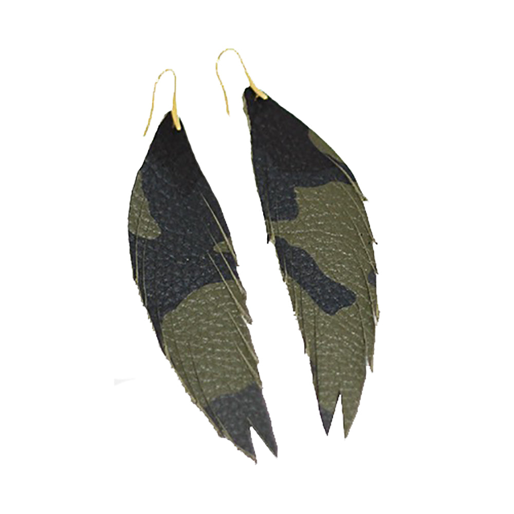 Short Feather Leather Earring - Camo Green-Short Feather Leather Earrings-Wholesale-Boutique-Clothing-Accessories