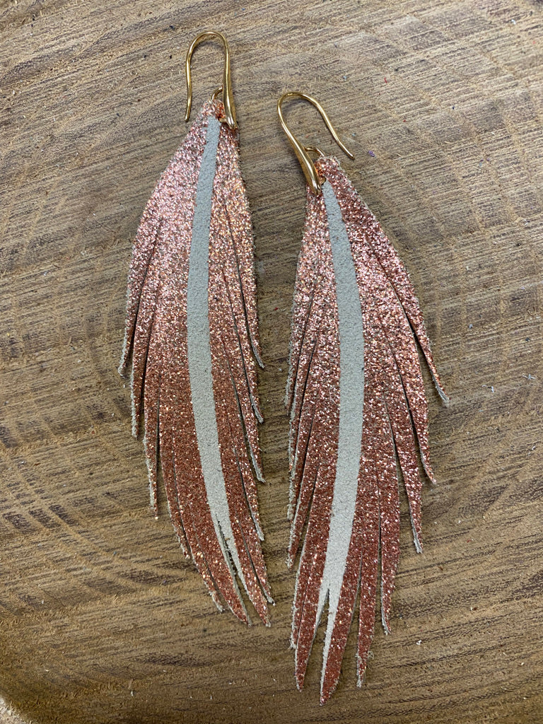 Short Feather Leather Earring - Copper Glitter-Short Feather Leather Earrings-Wholesale-Boutique-Clothing-Accessories
