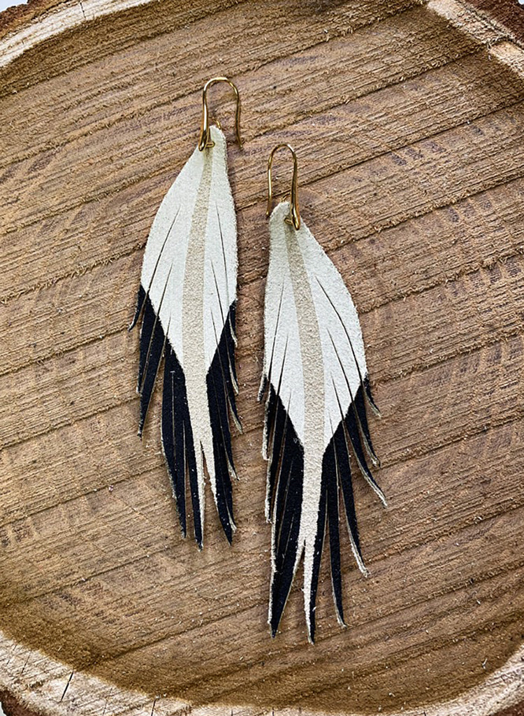 Short Feather Leather Earrings - Cream/Black-Short Feather Leather Earrings-Wholesale-Boutique-Clothing-Accessories