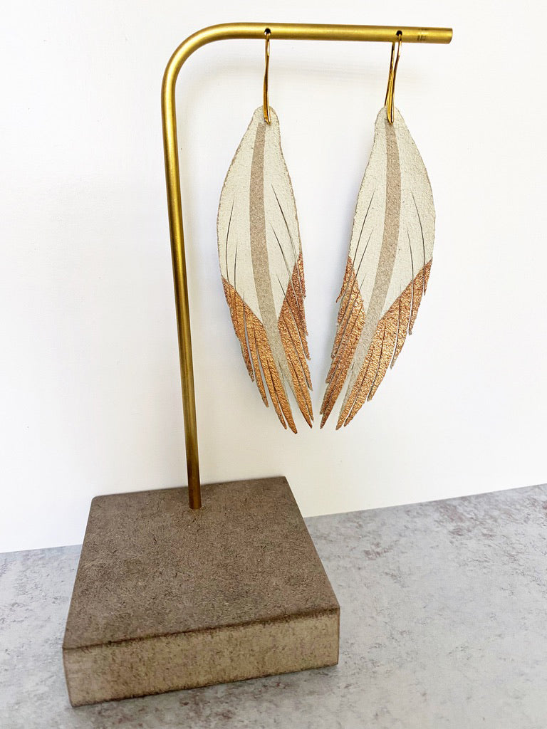Short Feather Leather Earrings - Cream Rose Gold-Short Feather Leather Earrings-Wholesale-Boutique-Clothing-Accessories