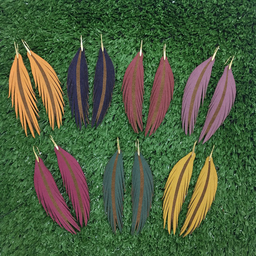 Long Feather Leather Earrings - Painted Dark Brown Suede-Long Feather Leather Earrings-Wholesale-Boutique-Clothing-Accessories