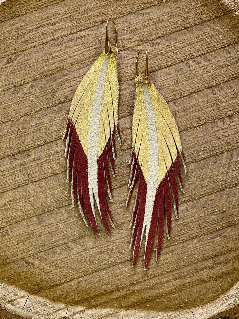 Short Feather Leather Earrings - Gold/Autumn Red-Short Feather Leather Earrings-Wholesale-Boutique-Clothing-Accessories