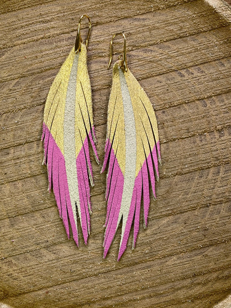 Short Feather Leather Earrings - Gold/Hot Pink Painted-Short Feather Leather Earrings-Wholesale-Boutique-Clothing-Accessories