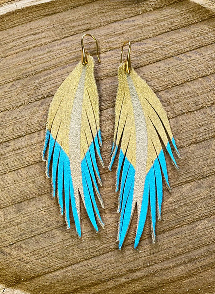 Short Feather Leather Earrings - Gold/Light Blue-Short Feather Leather Earrings-Wholesale-Boutique-Clothing-Accessories