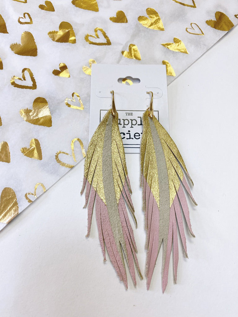 Short Feather Leather Earrings - Gold/Light Pink Painted-Short Feather Leather Earrings-Wholesale-Boutique-Clothing-Accessories