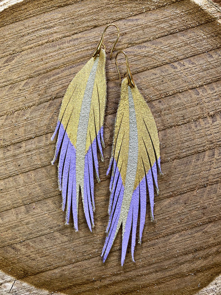 Short Feather Leather Earrings - Gold/Lilac-Short Feather Leather Earrings-Wholesale-Boutique-Clothing-Accessories