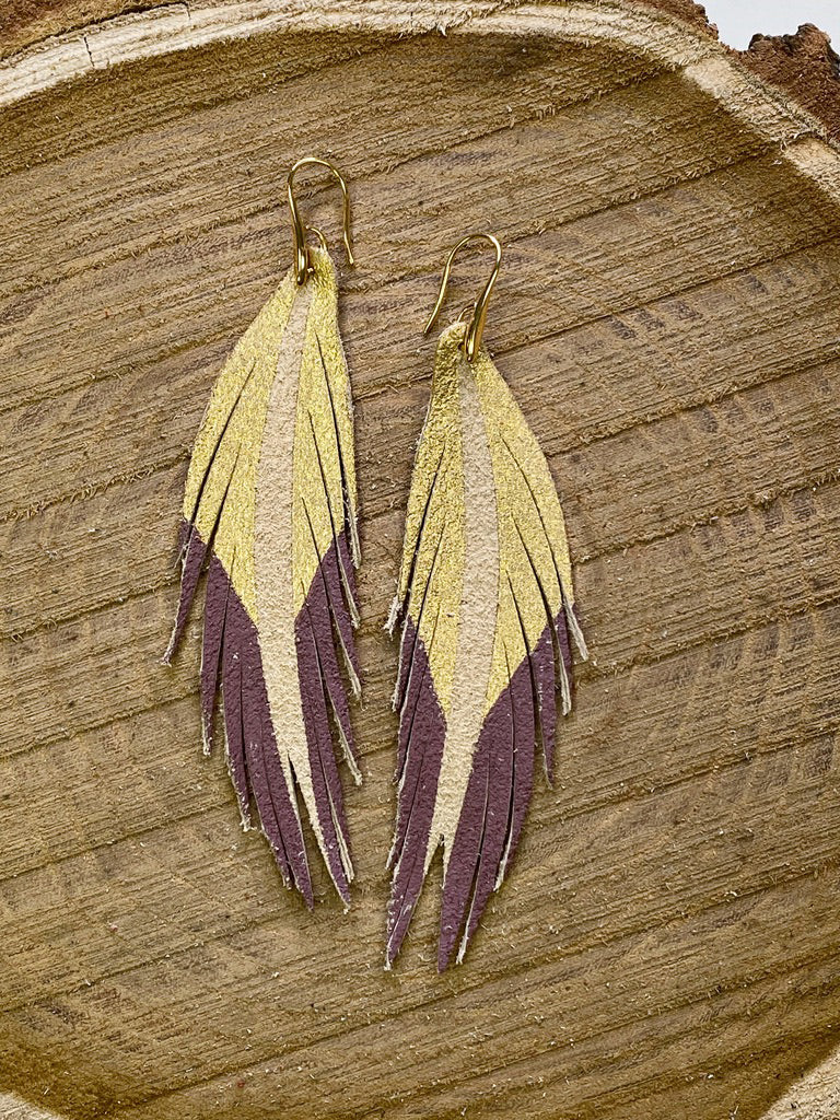 Short Feather Leather Earrings - Gold/Mauve-Short Feather Leather Earrings-Wholesale-Boutique-Clothing-Accessories