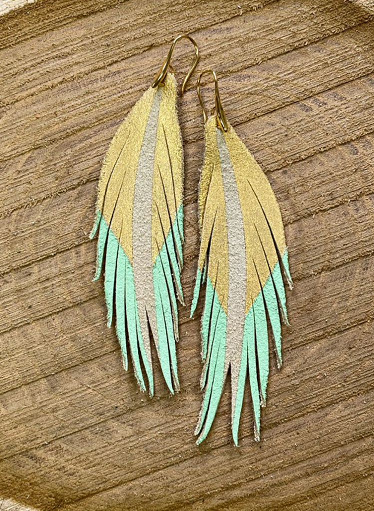 Short Feather Leather Earrings - Gold/Mint-Short Feather Leather Earrings-Wholesale-Boutique-Clothing-Accessories