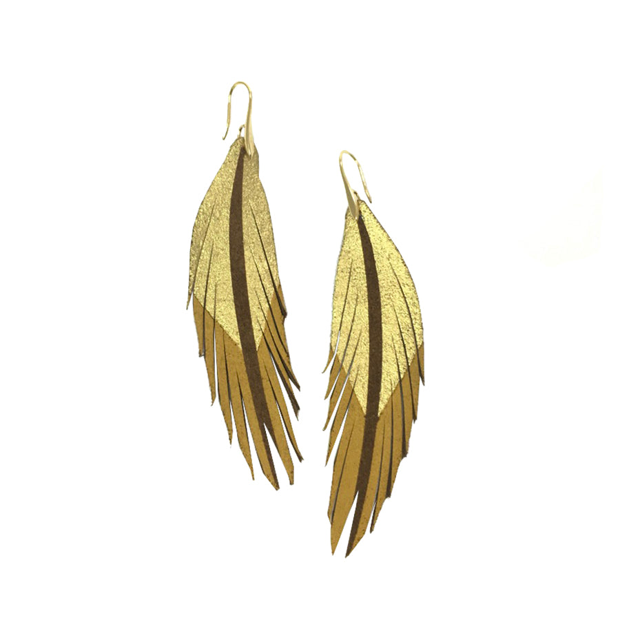 Short Feather Leather Earrings - Dark Brown Suede Gold/Mustard Painted-Short Feather Leather Earrings-Wholesale-Boutique-Clothing-Accessories