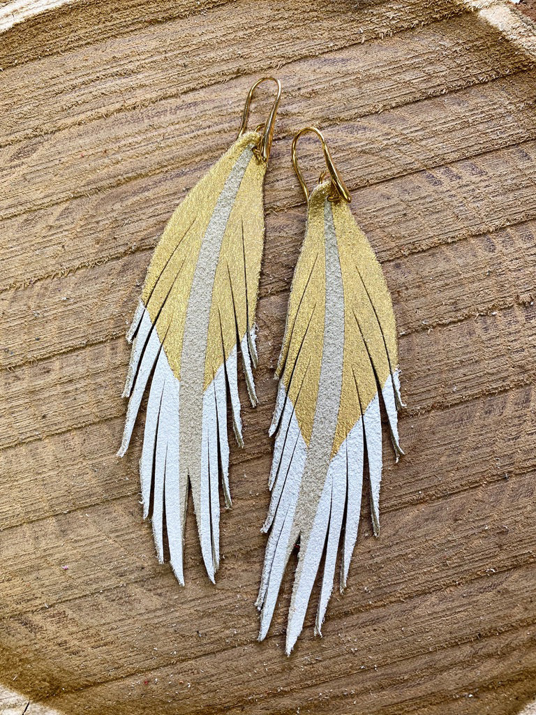 Short Feather Leather Earrings - Gold/White-Short Feather Leather Earrings-Wholesale-Boutique-Clothing-Accessories