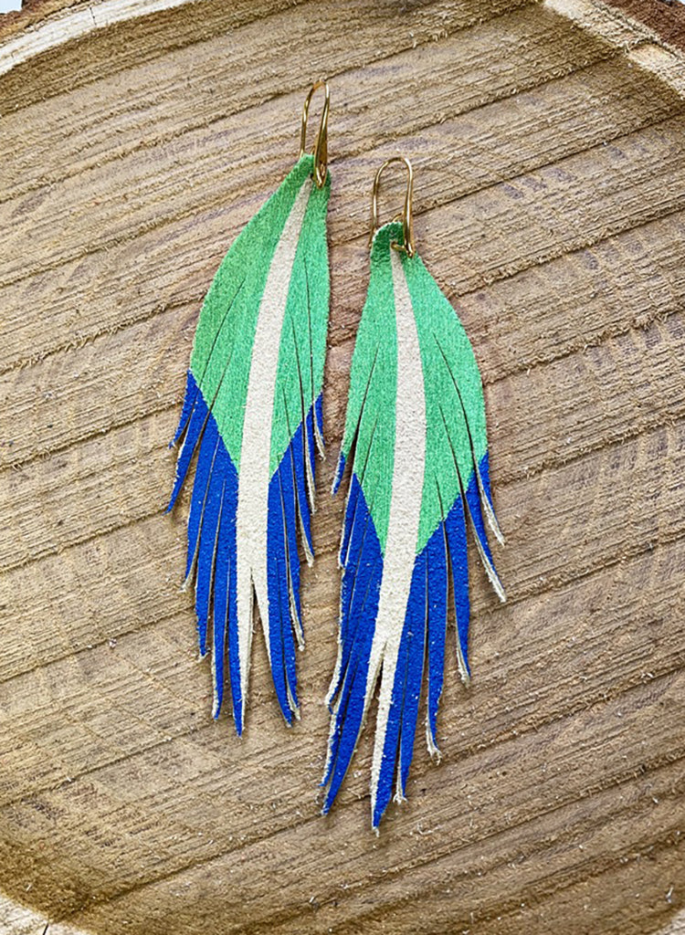 Short Feather Leather Earrings - Emerald Green/Sapphire-Short Feather Leather Earrings-Wholesale-Boutique-Clothing-Accessories