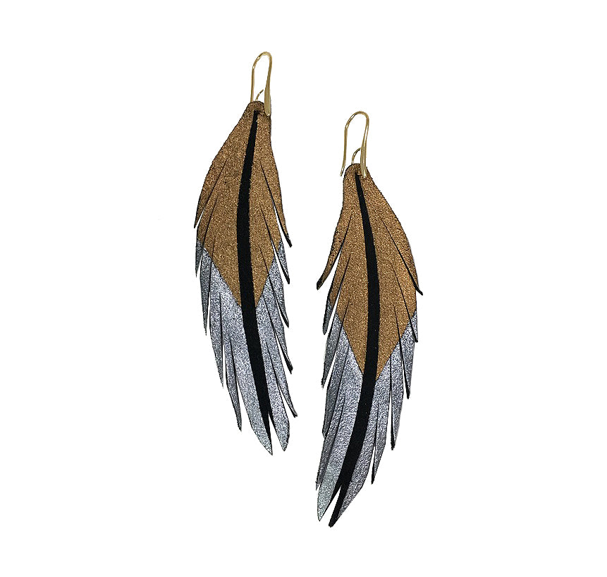 Short Feather Leather Earrings - Black Suede Bronze Pewter Painted-Short Feather Leather Earrings-Wholesale-Boutique-Clothing-Accessories