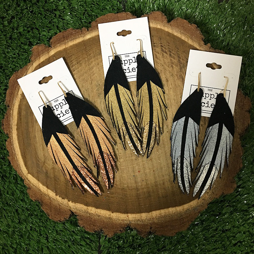Short Feather Leather Earrings - Black Suede Pewter Glitter Painted-Short Feather Leather Earrings-Wholesale-Boutique-Clothing-Accessories