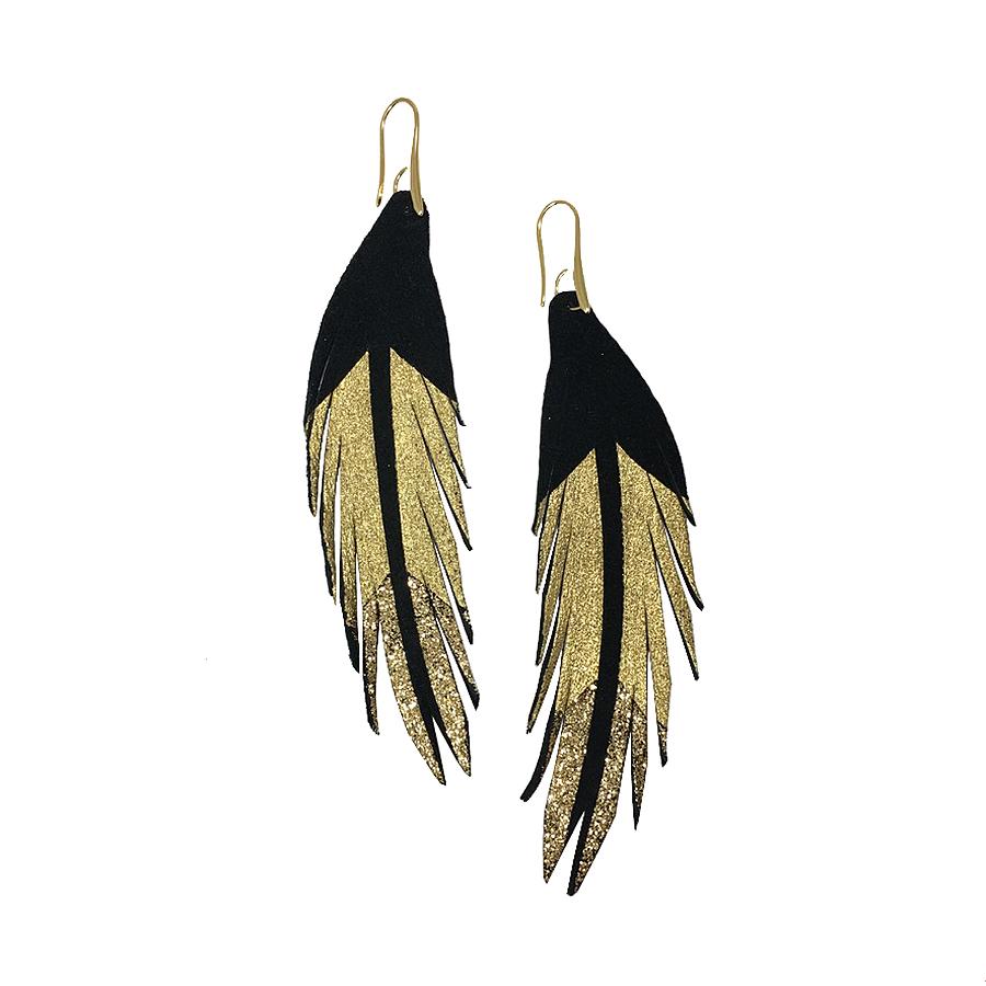 Short Feather Leather Earrings - Black Suede Gold Glitter Painted-Short Feather Leather Earrings-Wholesale-Boutique-Clothing-Accessories