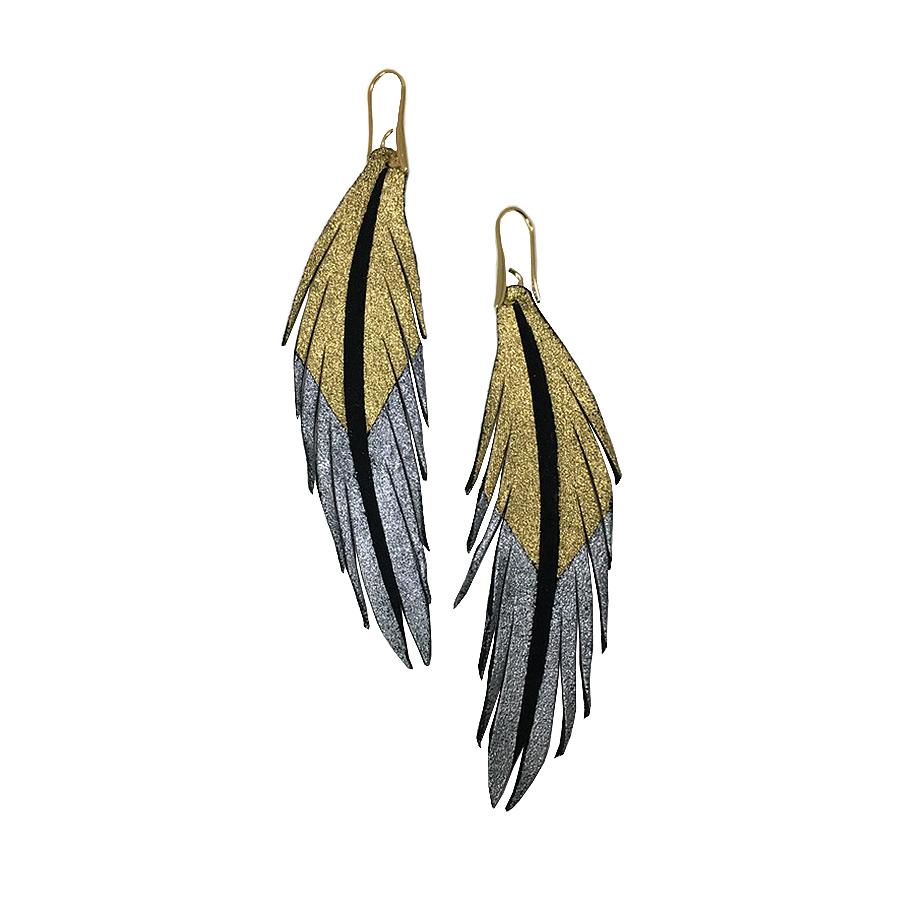 Short Feather Leather Earrings - Black Suede Gold Pewter Painted-Short Feather Leather Earrings-Wholesale-Boutique-Clothing-Accessories