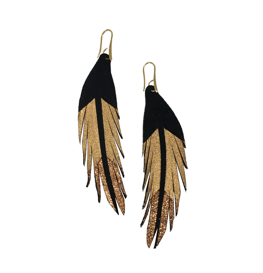 Short Feather Leather Earrings - Black Suede Rose Gold Glitter Painted-Short Feather Leather Earrings-Wholesale-Boutique-Clothing-Accessories